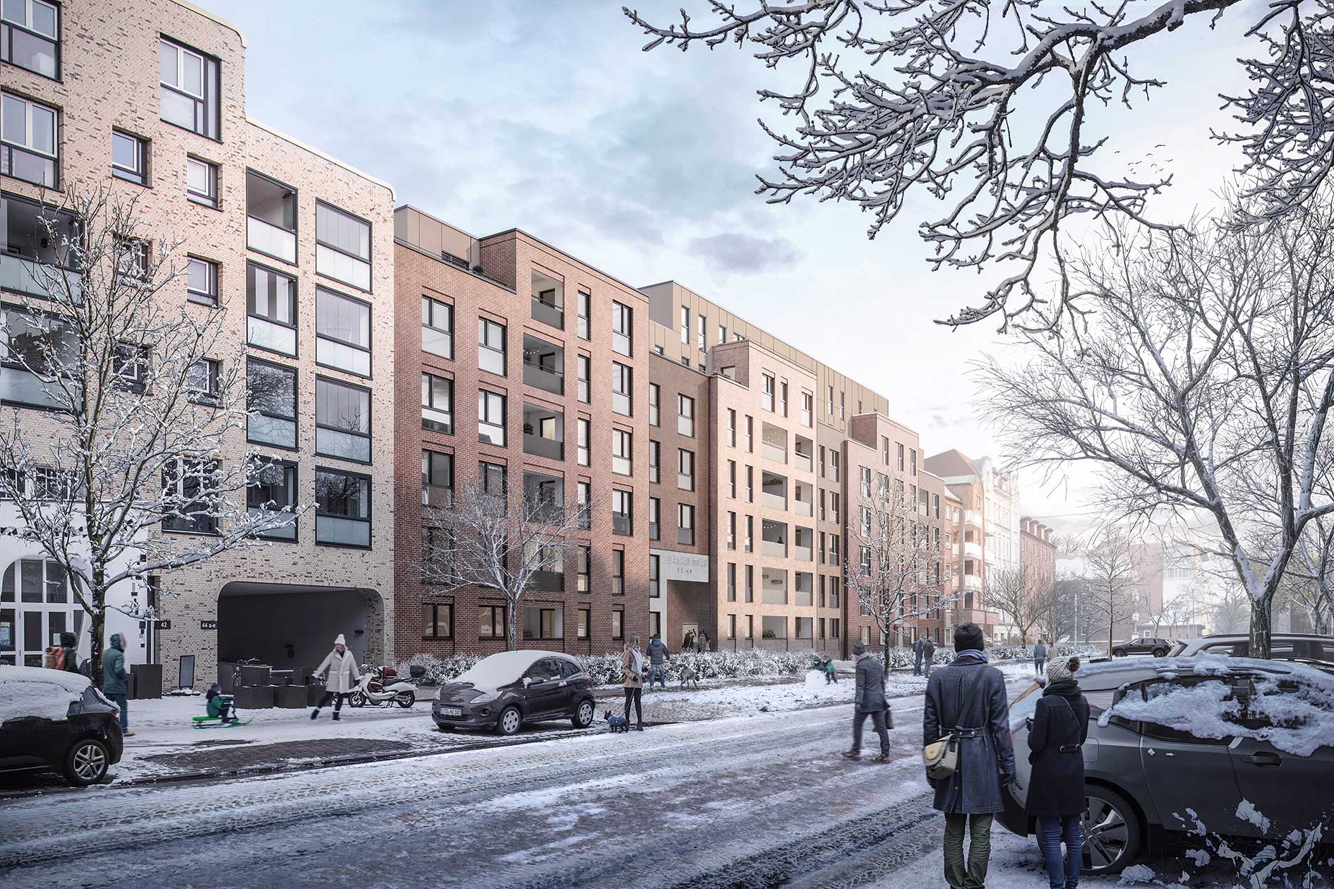 Modernes Wohngebäude im Winter mit schneebedeckten Bäumen und Menschen auf der Straße.