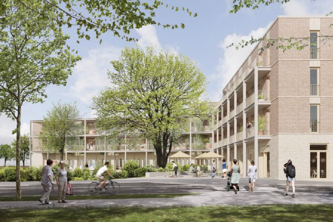 Modernes Wohngebäude mit Grünflächen und Fußgängern in einer urbanen Umgebung.