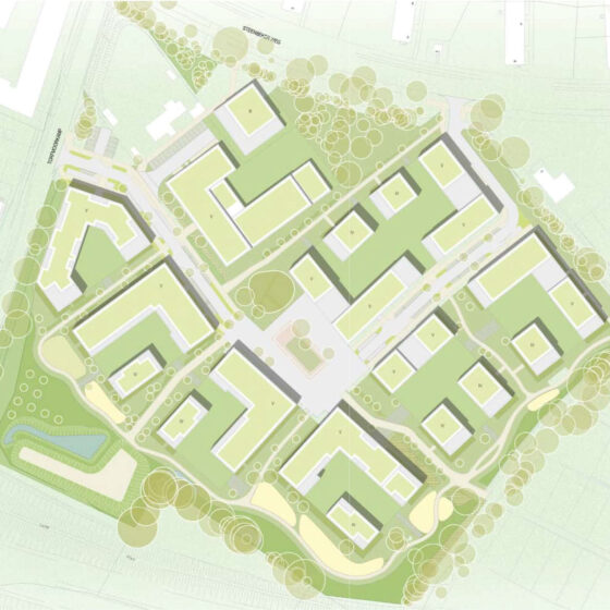 Landschaftsplan mit Gebäuden, Bäumen und Grünflächen in einer Siedlung.