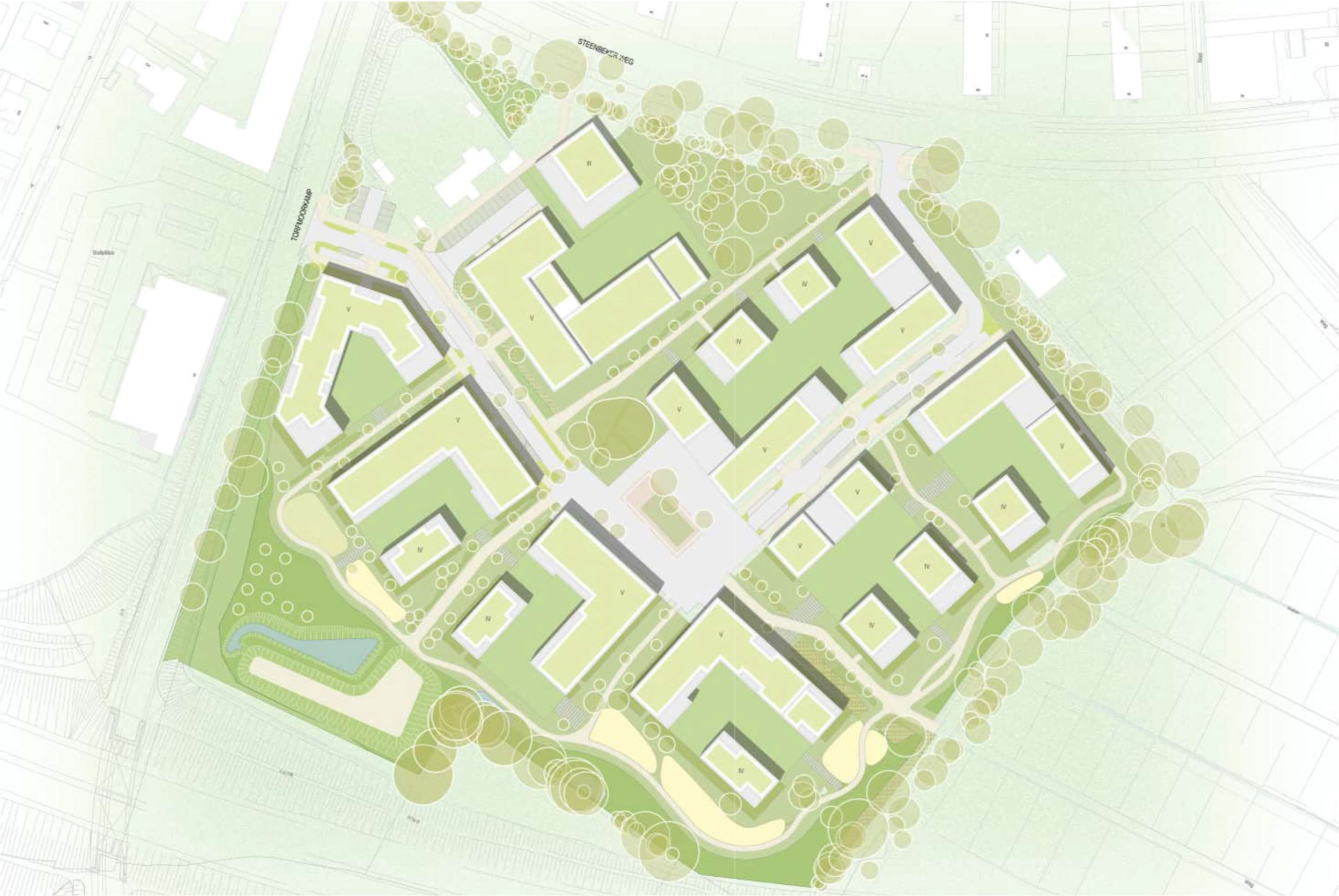 Landschaftsplan mit Gebäuden, Bäumen und Grünflächen in einer Siedlung.